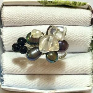 Handmade Pearl Ring Size 8 Adjustable Beaded Peacock Baroque Pearls Silver Tone